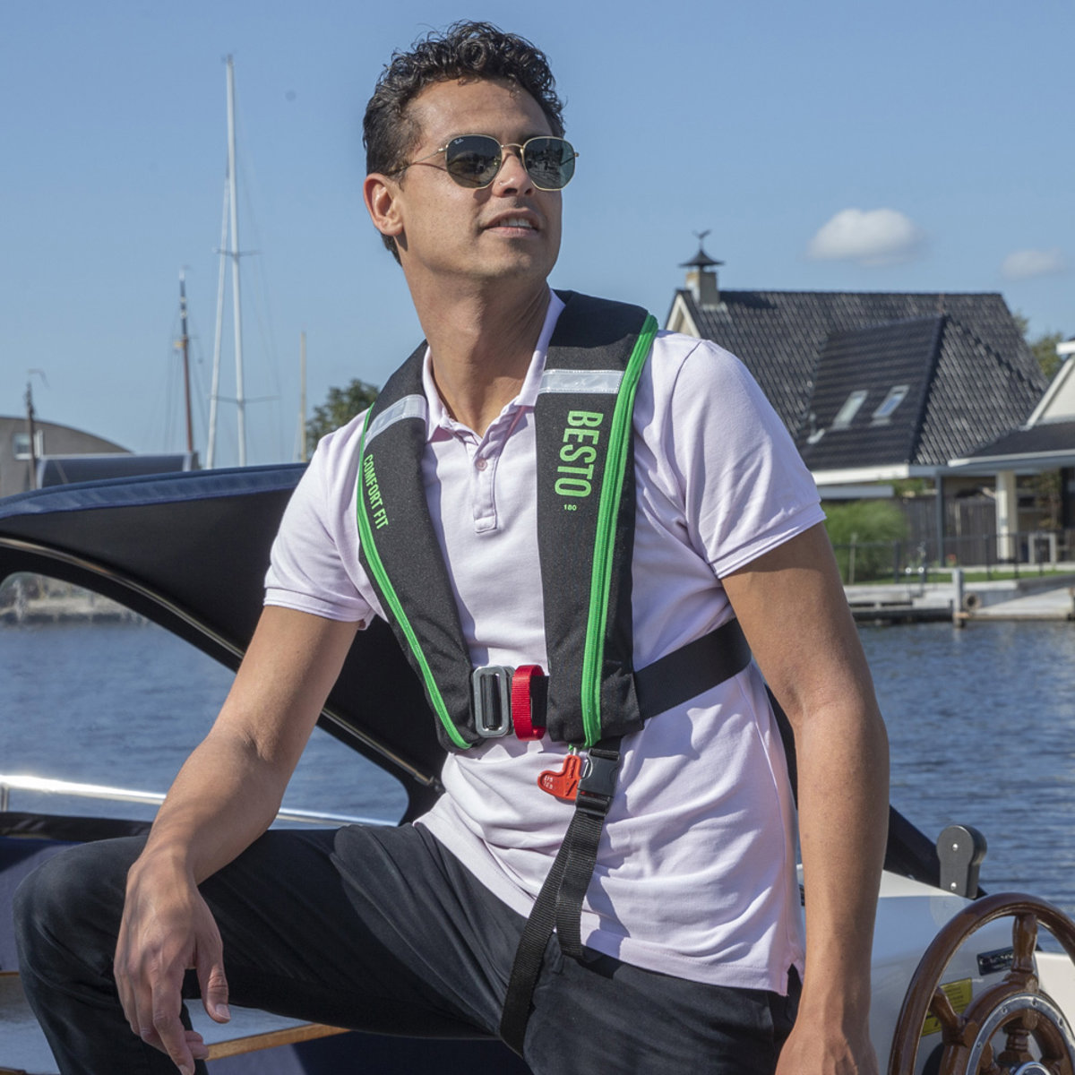 Besto Comfort Fit gilet de sauvetage automatique 180N noir/vert avec harnais 4