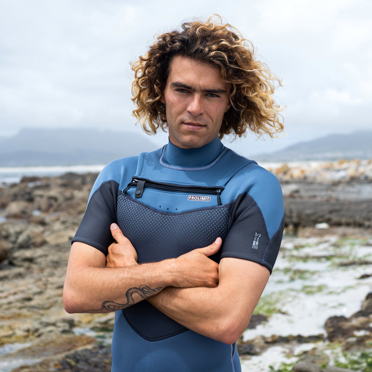 Prolimit Fusion steamer shortarm Freezip 3/2 mm borstrits misty blauw wetsuit heren 4