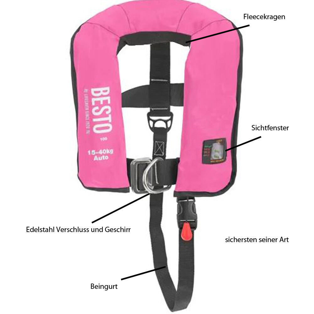 gilet de sauvetage automatique pro junior 100N rose 15-40kg