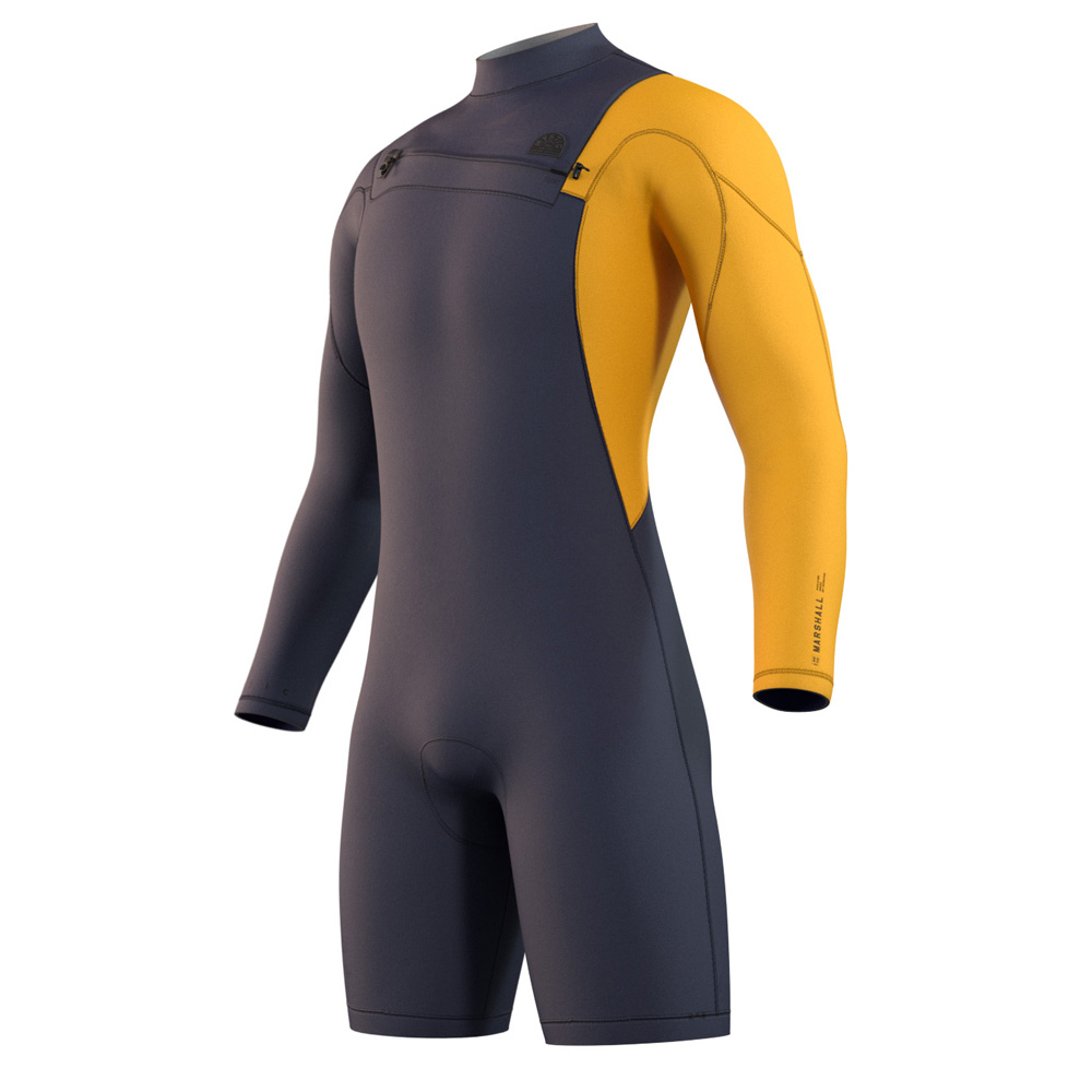 Mystic Marshall Longarm Shorty 3/2mm Backzip Flatlock muta uomo blu/giallo foto 1